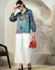 Blue floral printed opaque Casual Buttoned Top