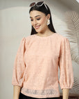 Women Pink Solid Round Neck 3/4th Sleeve Cotton Top