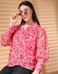 Pink Regular Sleeves Spread Collar Women Standard Floral Opaque Printed Casual Buttoned Top