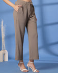 Beige Solid Pleated Trousers