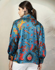 Blue floral printed opaque Casual Buttoned Top