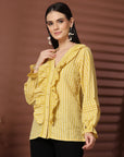 Women Yellow Striped Casual Buttoned Top
