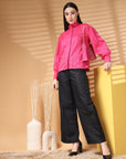 Pink Regular Sleeves Spread Collar Women Standard Opaque Casual Buttoned Top
