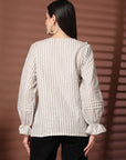 Women White Striped Casual Buttoned Top