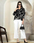 Black Printed opaque spread collar Casual Buttoned Top
