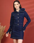 Women Shirt Collar Neck Coat Top With Skirt Co-Ords