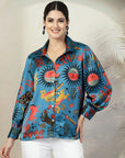 Blue floral printed opaque Casual Buttoned Top