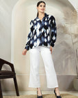 Blue Printed opaque Spread Collar Casual Buttoned Top