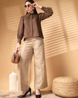 Brown Regular Sleeves Above the Keyboard Collar Women Standard Opaque Casual Buttoned Top