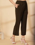 Brown Solid Pleated Trousers