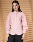 Solid Pink Regular Sleeves Spread Collar Casual Buttoned Top