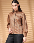 Brown Regular Sleeves Spread Collar Women Standard Opaque Casual Buttoned Top