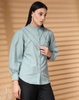Sea Green Regular Sleeves Spread Collar Women Standard Opaque Casual Buttoned Top