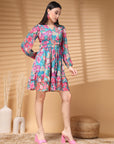 Multi Above Knee V Neck Floral Print A Line Dress