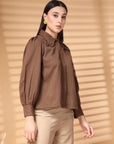 Brown Regular Sleeves Above the Keyboard Collar Women Standard Opaque Casual Buttoned Top