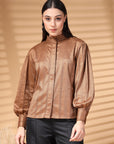 Brown Regular Sleeves Spread Collar Women Standard Opaque Casual Buttoned Top