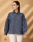 Women Blue Floral Opaque Casual Buttoned Top