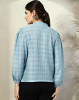 Blue solid opaque Casual Buttoned Top