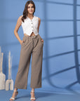 Beige Solid Pleated Trousers