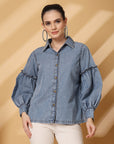 Blue Floral Opaque Casual Buttoned Top