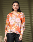 Orange Regular Sleeves Spread Collar Women Standard Floral Opaque Printed Casual Buttoned Top
