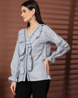 Women Blue Striped Casual Buttoned Top