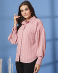 Pink Women Opaque Casual Buttoned Top
