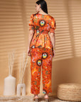 Orange Top Short Sleeves Women Printed Top With Trouser Co Ords
