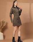 Women Shirt Collar Neck Coat Top With Skirt Co-Ords