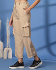 Beige Solid Pleated Trousers