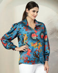 Blue floral printed opaque Casual Buttoned Top