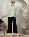 Green solid opaque Casual Buttoned Top