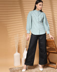 Sea Green Regular Sleeves Spread Collar Women Standard Opaque Casual Buttoned Top