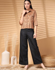 Brown Solid Shirt Collar Crop Top
