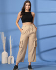 Beige Solid Pleated Trousers