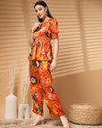 Orange Top Short Sleeves Women Printed Top With Trouser Co Ords