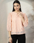 Women Pink Solid Round Neck 3/4th Sleeve Cotton Top