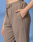 Beige Solid Pleated Trousers