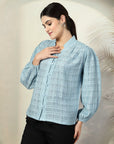 Blue solid opaque Casual Buttoned Top