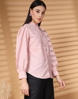 Solid Pink Regular Sleeves Spread Collar Casual Buttoned Top