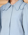 Sea Green Regular Sleeves Above the Keyboard Collar Women Standard Opaque Casual Buttoned Top