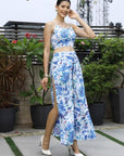 Shoulder Strap Printed Top With Palazzo Co-Ord Set blue