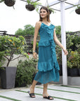 Women Self Design Shoulder Straps Ruffles Peplum Dress teal