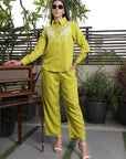 Shirt Collar Embroidered Cotton Shirt With Trousers Co-Ords Set lime-green