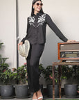 Shirt Collar Embroidered Cotton Shirt With Trousers Co-Ords Set black