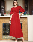 Women Self Design Flared Sleeve Cut-Outs Fit & Flare Midi Dress red