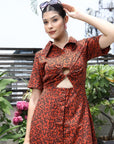 Floral Printed Shirt Collar Short Sleeves Shirt Dress Rust