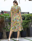 Floral Printed Shirt Collar Short Sleeves Shirt Dress Yellow