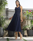 Solid Denim Round Neck Midi Dress blue