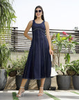 Solid Denim Round Neck Midi Dress blue
